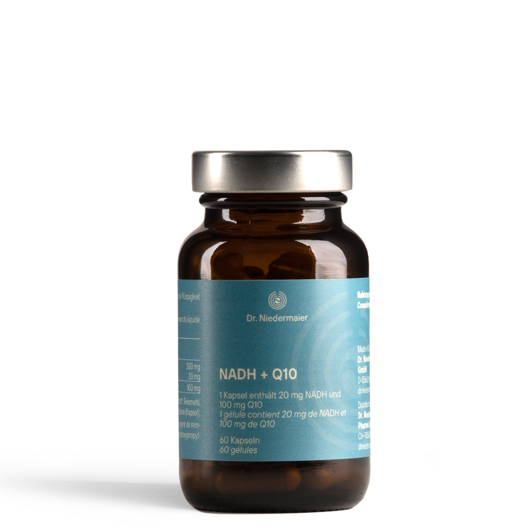 NADH + Q10 Kapseln von Dr. Niedermaier mit 20 mg NADH und 100 mg Q10 pro Kapsel.